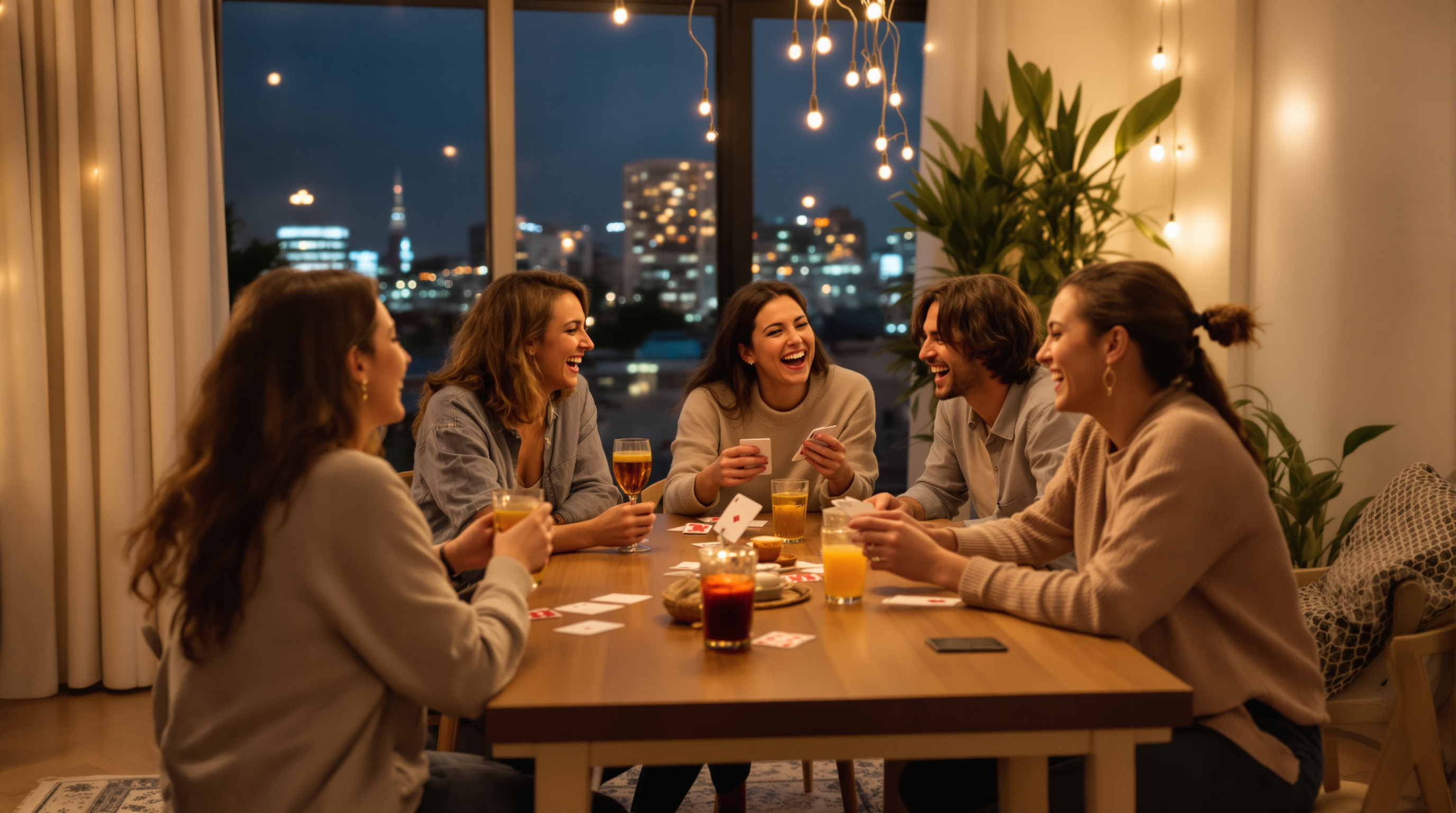 Adult friends laughing during a game night