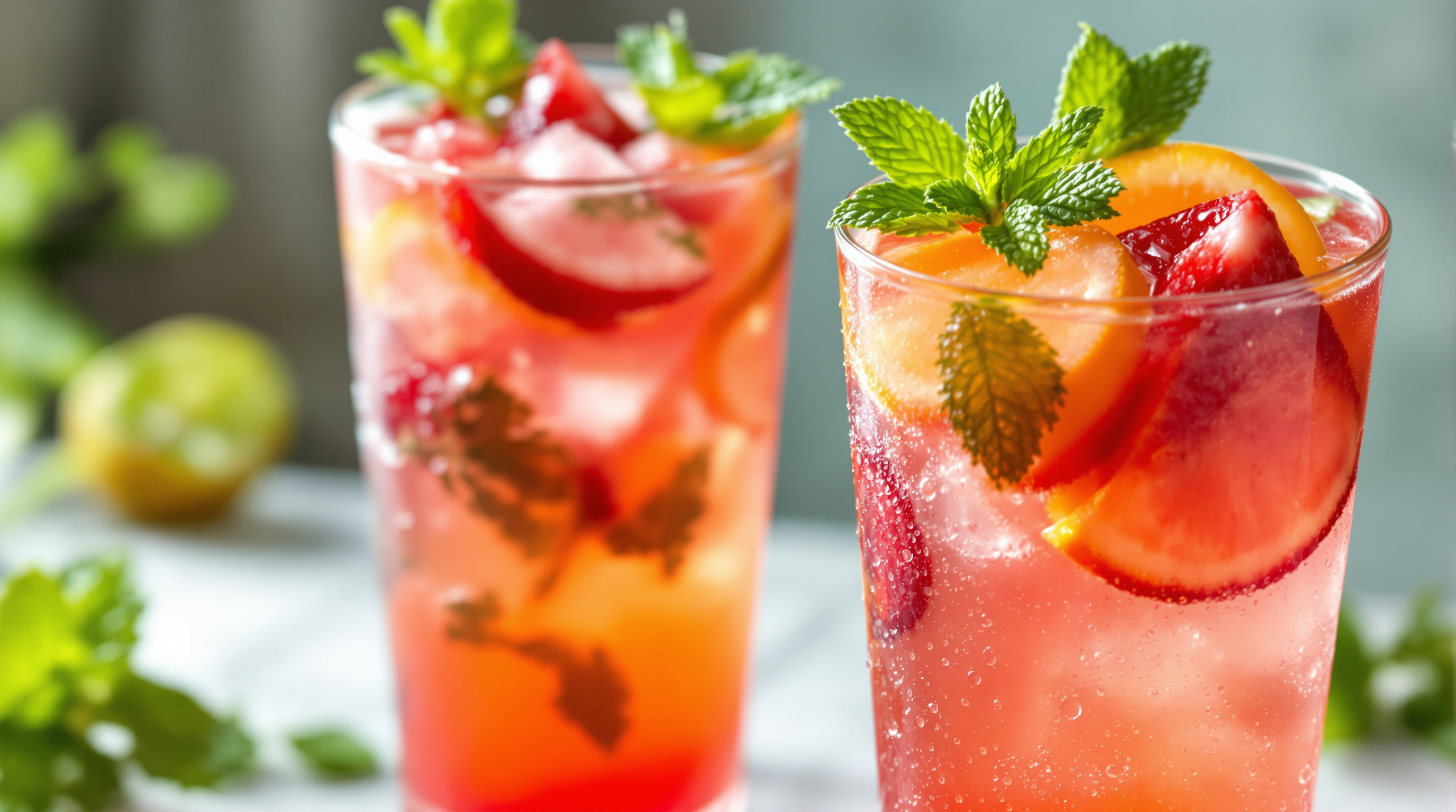Refreshing fruit mocktails garnished with mint and citrus