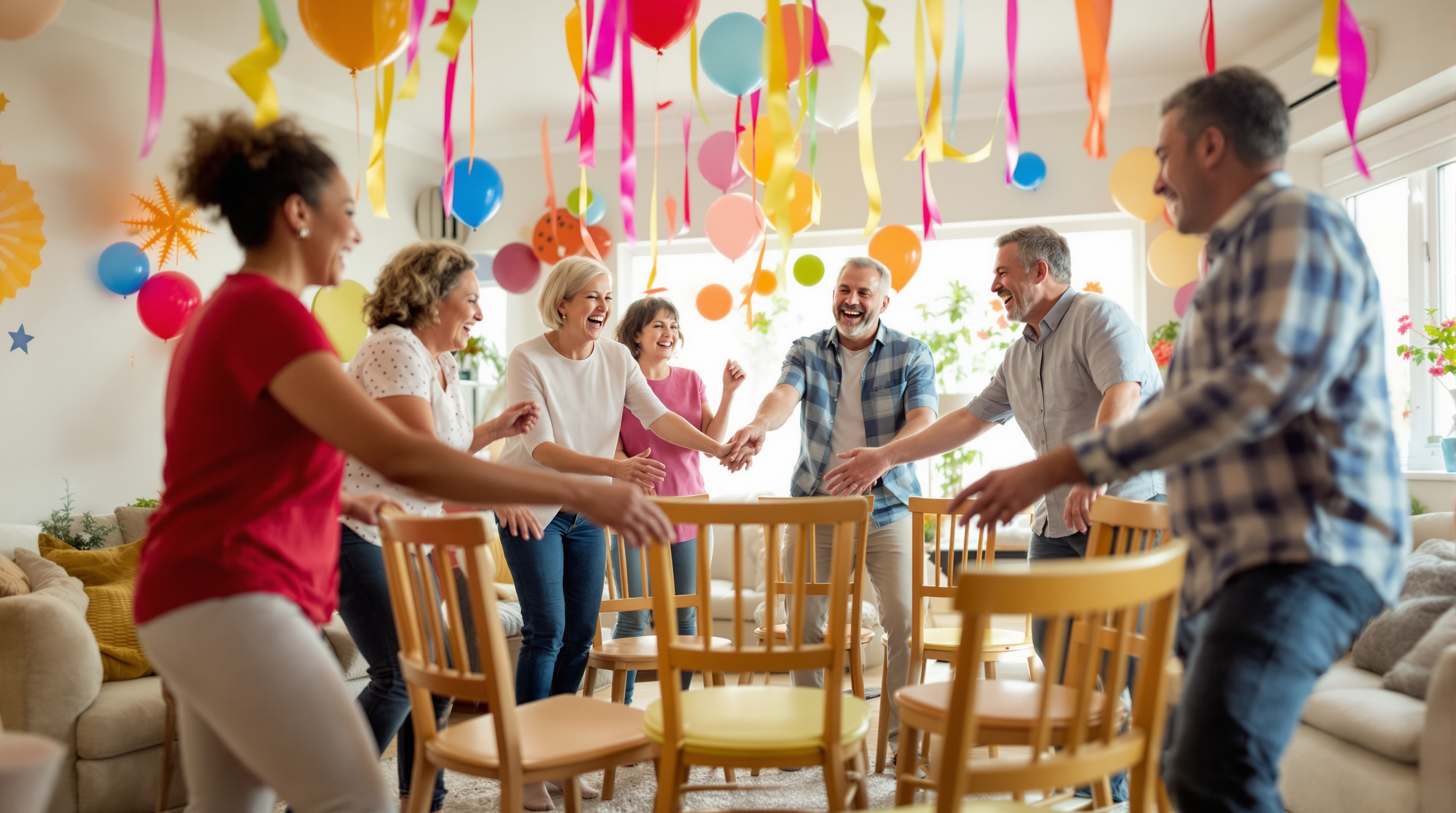 Group playing musical chairs at a party