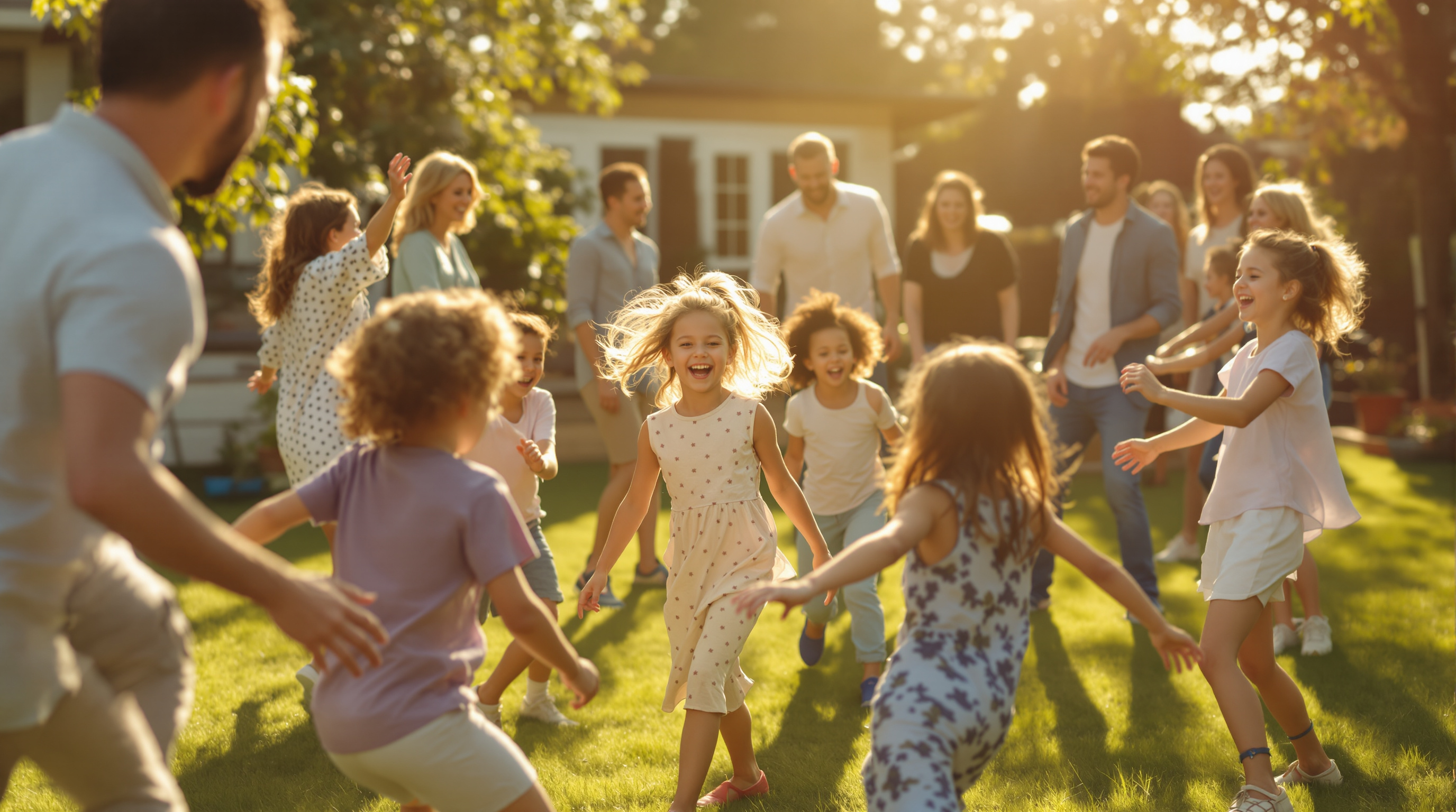 Children and adults playing an active game at a family gathering