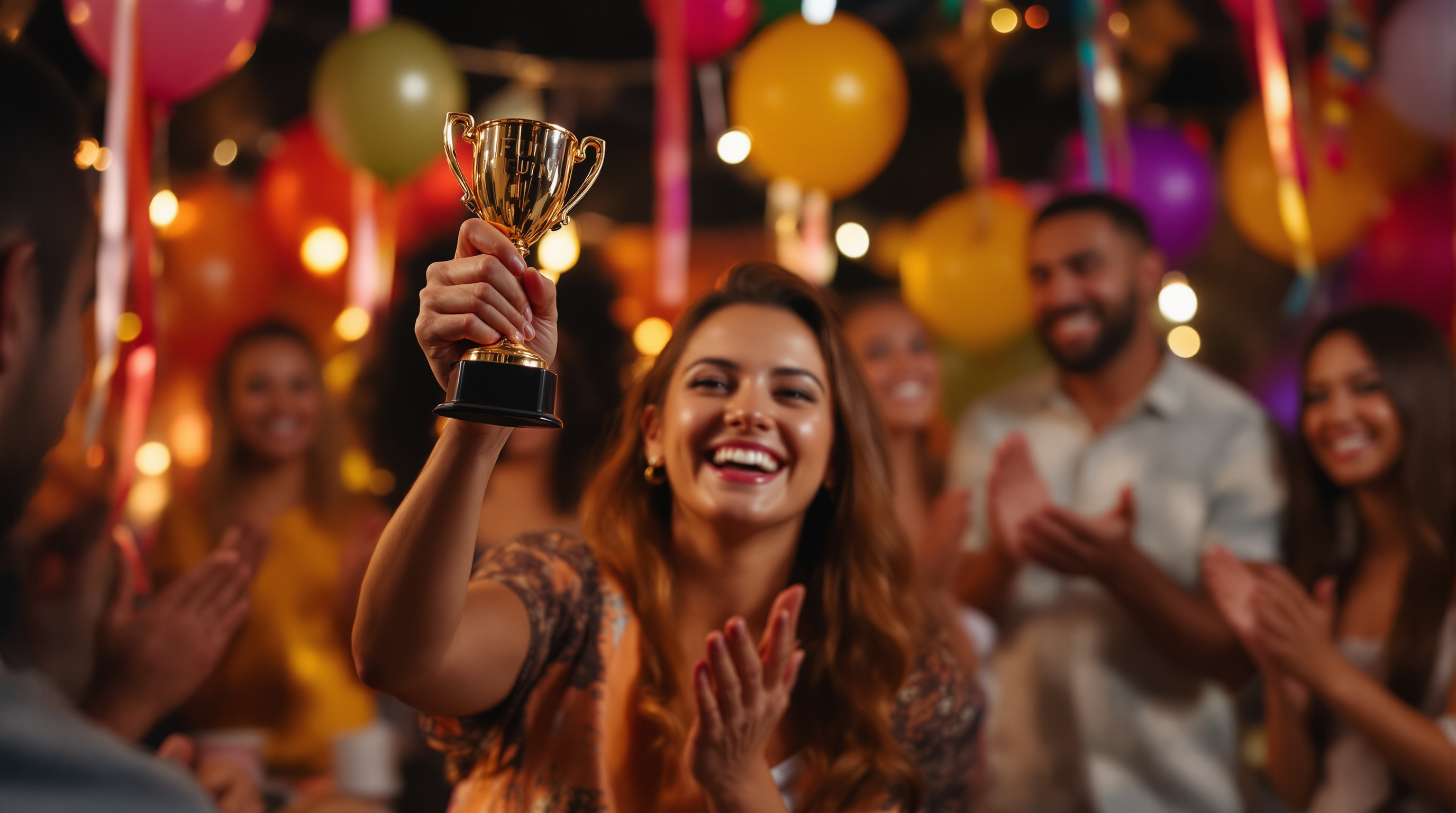 Party game winner holding a trophy while friends cheer