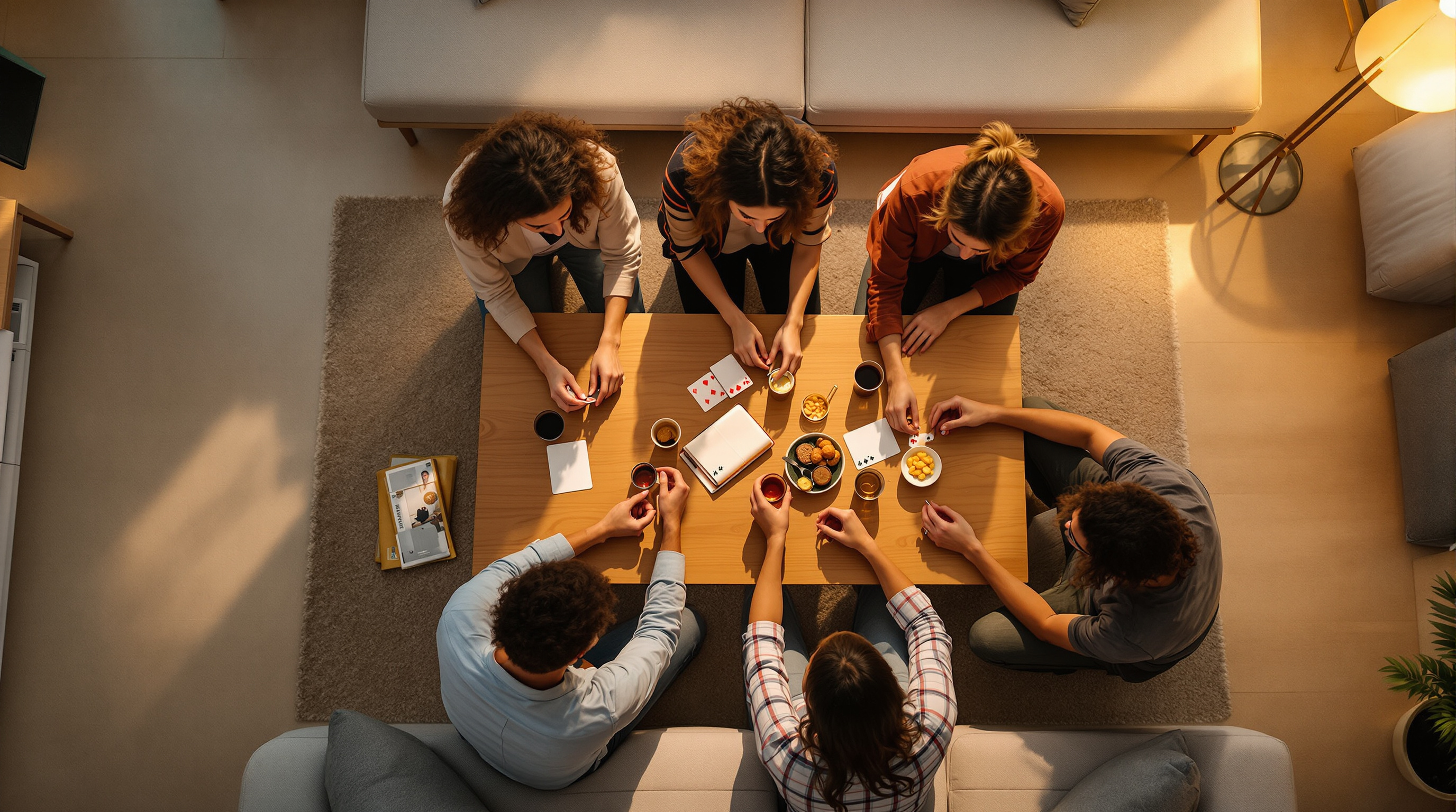 Friends gathered around a table playing a party game