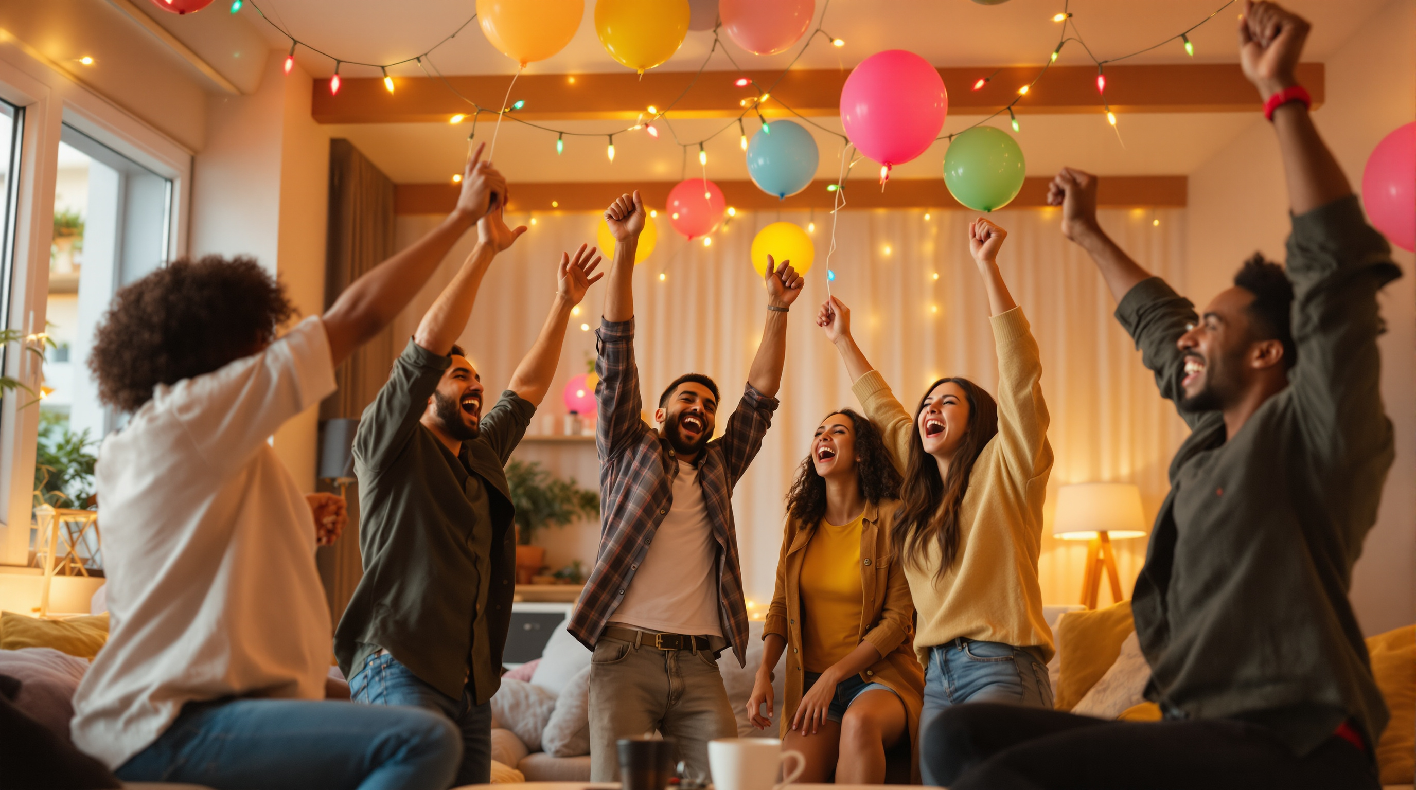Group of friends laughing while playing a party game at a celebration