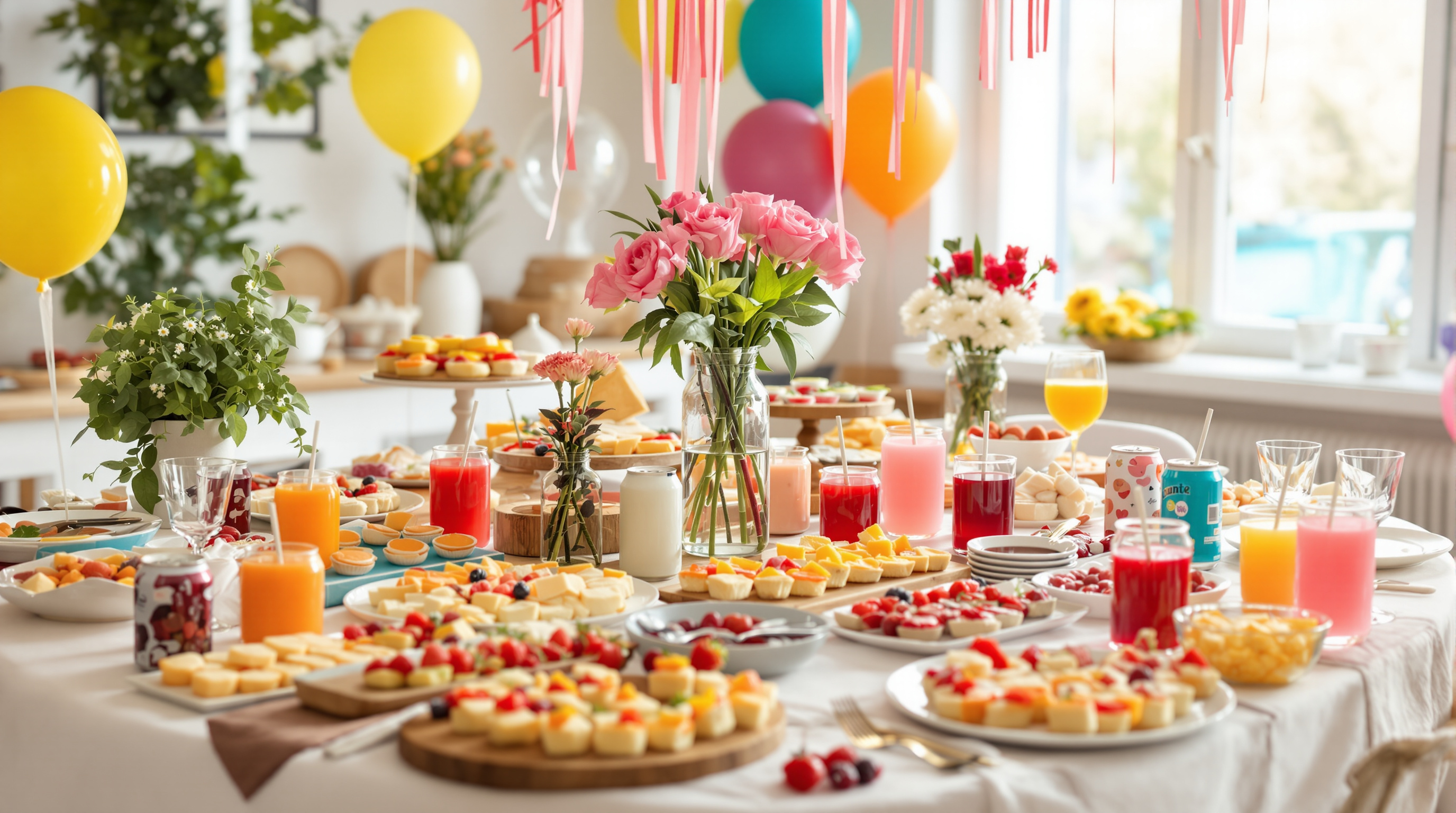 Party table set with food and decorations before guests arrive