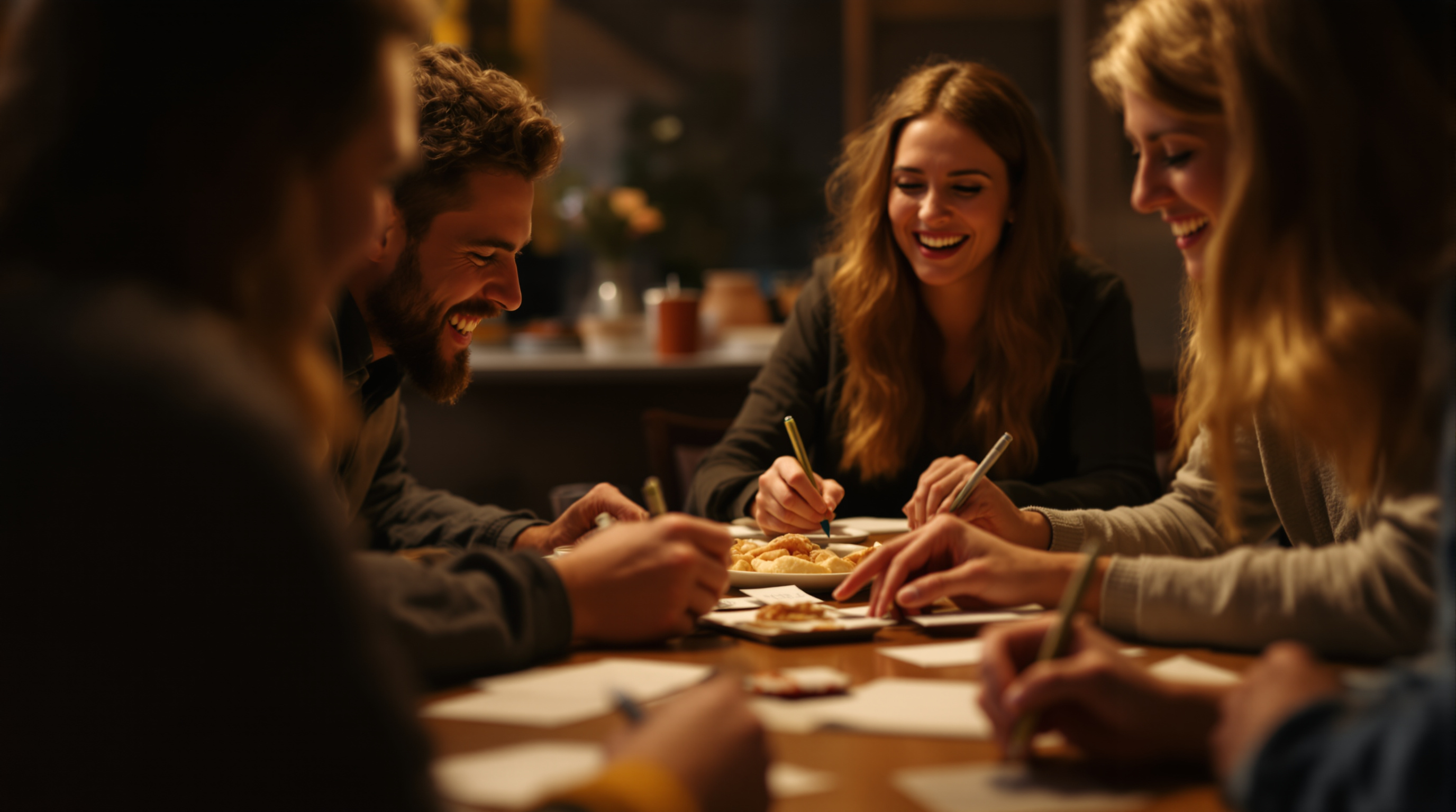 Friends writing answers during a party game
